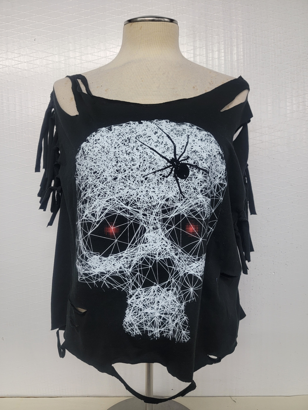 Gothic Skull Fringe Cutout Tee Upcycled